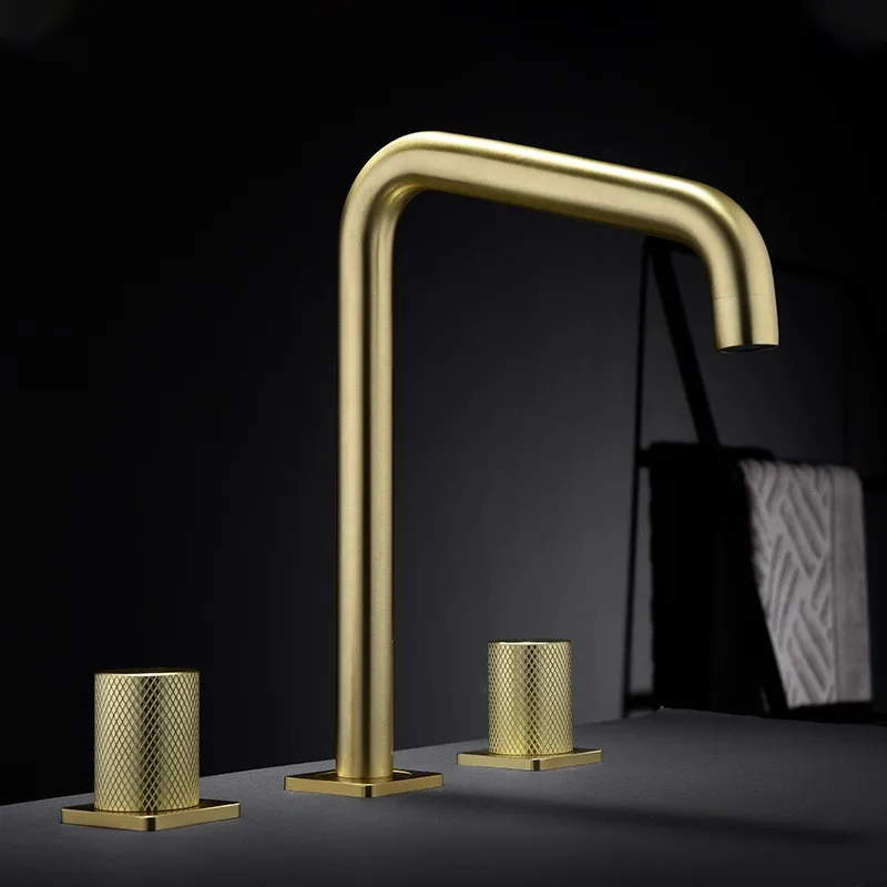 

Light luxury Top quality bathroom sink faucet three holes two handle basin mixer faucet cold hot water tap Brushed gold faucet