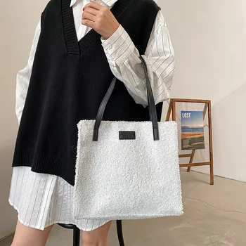 

Youth Ladies Simple Versatile Bag Female Large Capacity Totes Portable Hit Color Fleece Shoulder Bag Daily Handbag