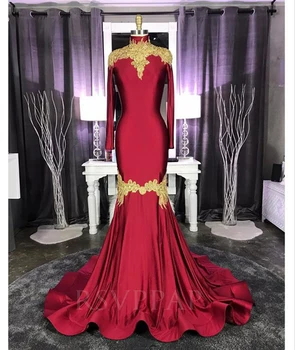 

Burgundy Mermaid Long Prom Dress 2020 Real Pictures Elegant Gold Appliques High Neck Long Sleeve African Black Girl Prom Dresses