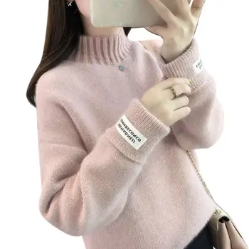 

2019 Autumn Winter Sweater Women Solid Color Half High Collar Embroidery Slim Bottom Loose Pullover Sweater jersey mujer: