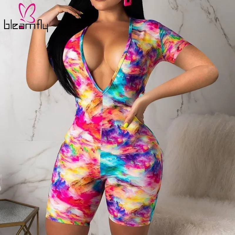 

Deep V-Neck Tie Dye Printed Sexy Women Bodycon Jumpsuit Short Sleeve Short Bodysuit Summer Sportwear One Piece Plus Size Romper