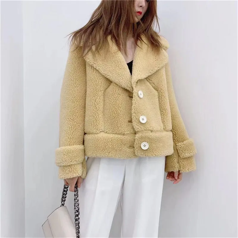 Зимнее Двустороннее пальто из овечьей шерсти, Женская Короткая Меховая куртка из натуральной овчины, пальто из натурального овечьего меха размера плюс F1164 - Цвет: yellow