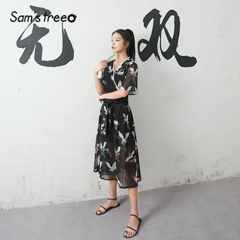 

SAM'S TREE Black Ancient Crane Print High Waist Casual Women Chiffon Dresses 2020 Summer Vintage Korean Ladies Daily Dress