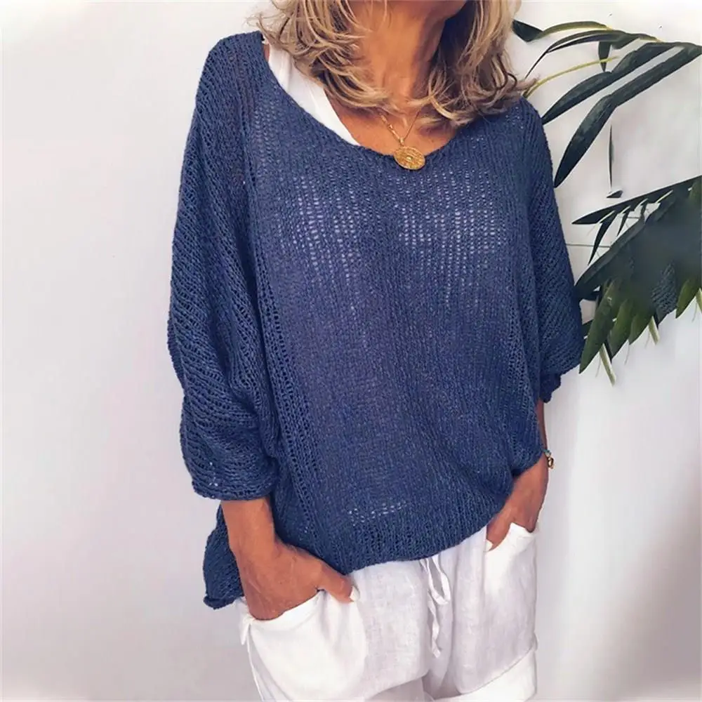 Модные осенние вязаные топы больших размеров с длинным рукавом для женщин 2019