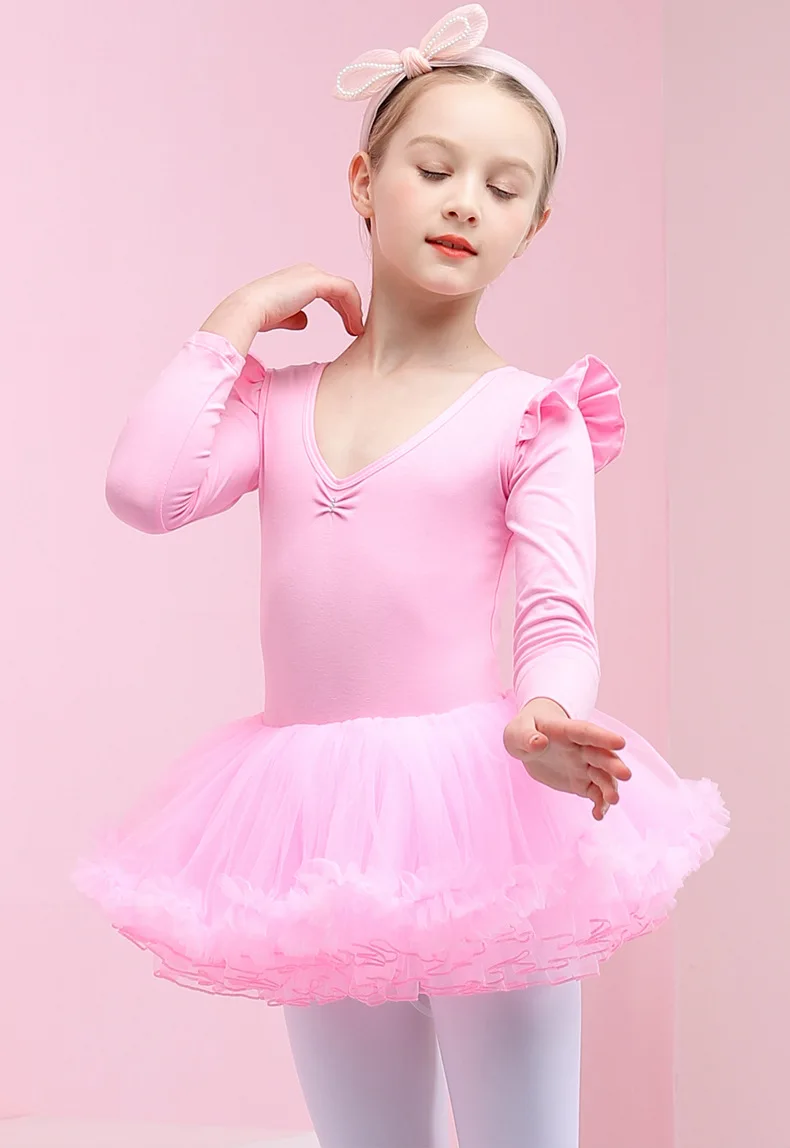 Girls Ballet Dress Gymnastics Leotard Long Sleeve Kids Child Pink Ballet Clothing Dance Wear With Chiffon Skirts For Girls
