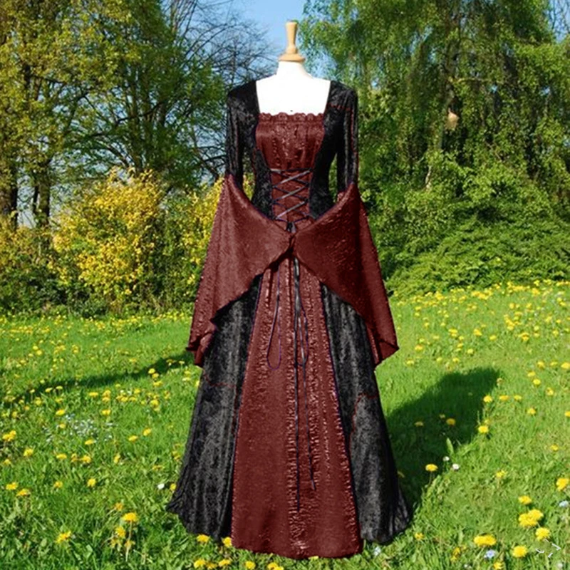 

Women swing dresses Vintage Lace Square Collar flare Sleeve long maxi Dress High Waist lace-up elegant club gothic punk dresses
