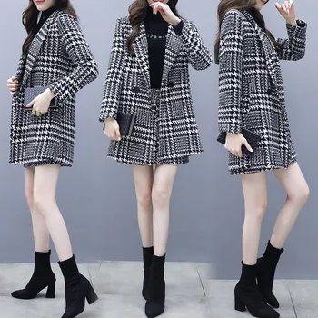

new Korean version of the fashion houndstooth in long section woolen jacket with a hip skirt half suit female tide