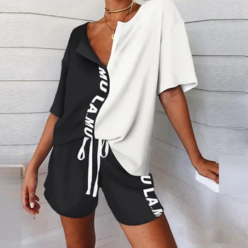 

Summer 2Pcs Women Tracksuit Boat Anchor Print Shirt and Shorts Set Spring Elegant V Neck Pullover Ladies Sportswear Suits Summer