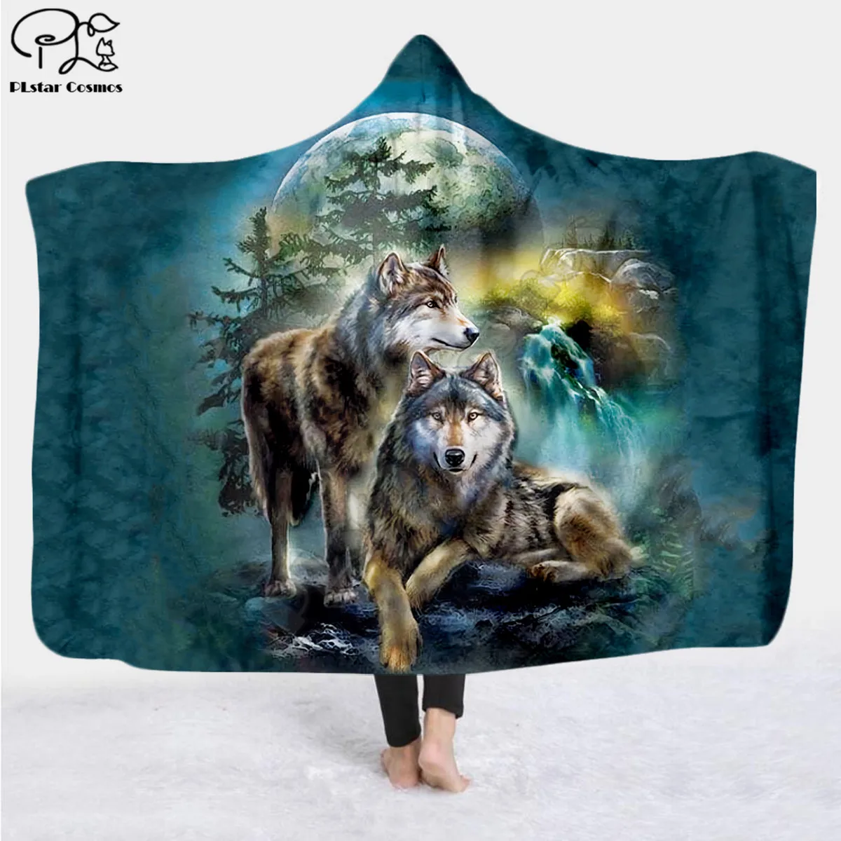 

Wolf 3d printed Hooded Blanket Adult colorful child Sherpa Fleece Wearable Blanket Microfiber Bedding style-1