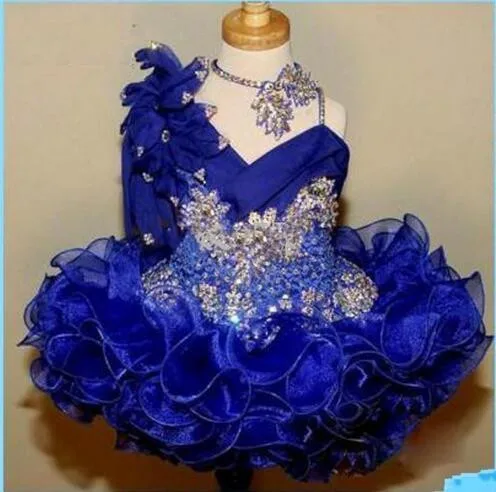 Симпатичные блестящие платья для девочек ярко-синие кружевные ручной работы с