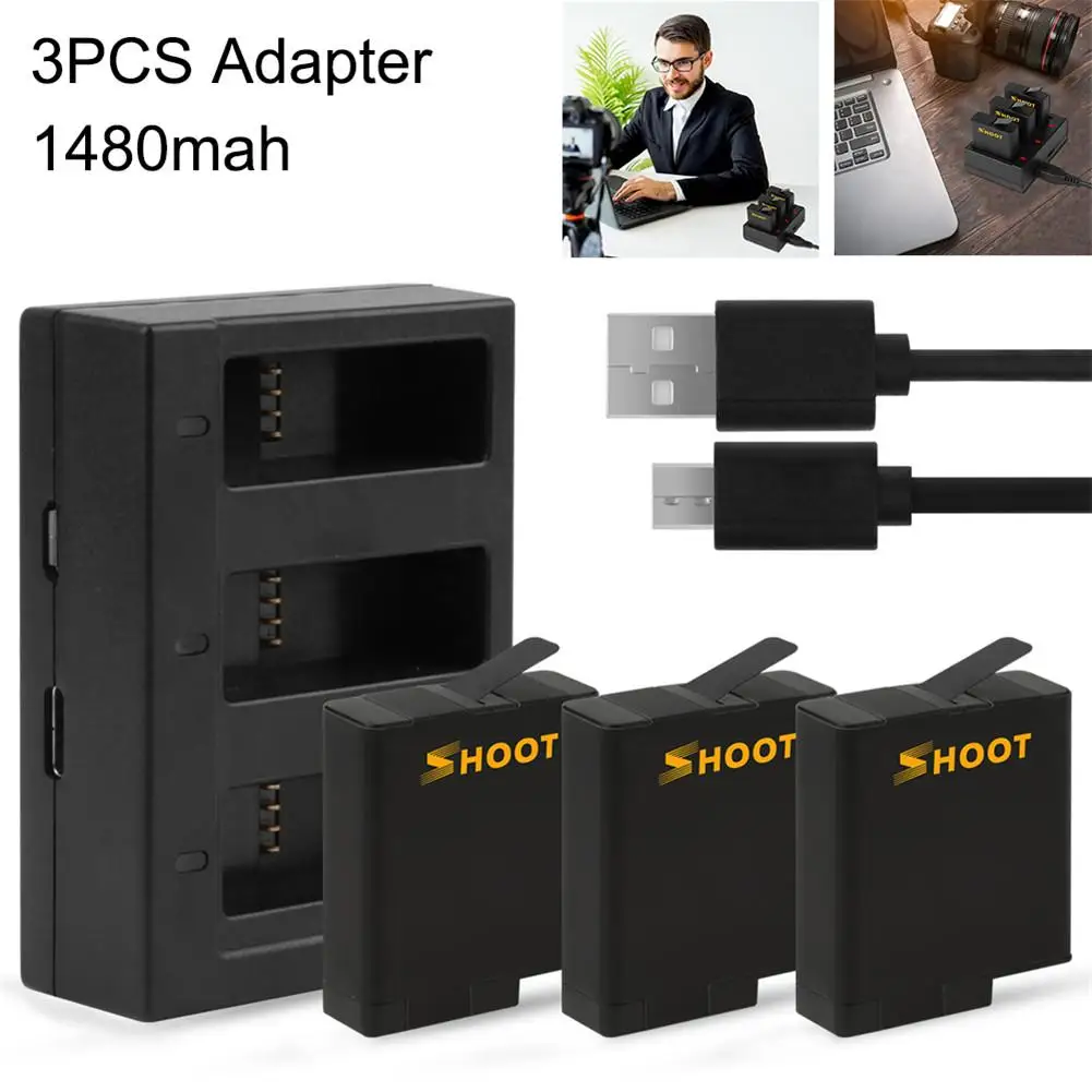

3PCS USB Charger Battery Replaceable Camera Battery Adapter With 1480mah LED Charging for Hero 5/6/7 Accessories