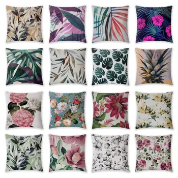 

Tropical Plants Palm Leaf Green Leaves Monstera Cushion Covers Hibiscus Flower Cushion Cover Decorative Beige Linen Pillow Case