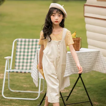 

YourSeason New Arrival 2020 Summer Girls Loose Two Piece Suit Fashion Kids Girl Stripe Pullover Blouse And Overalls Pants Set