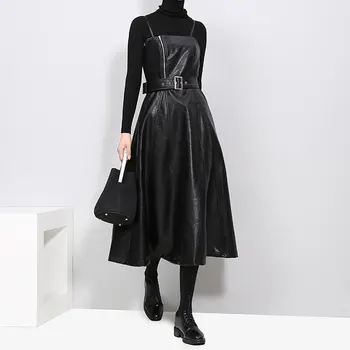 

2020 New Autumn Winter Solid Color Strapless Black PU Leather High Waist Belt Zipper Loose Dress Women Fashion Tide