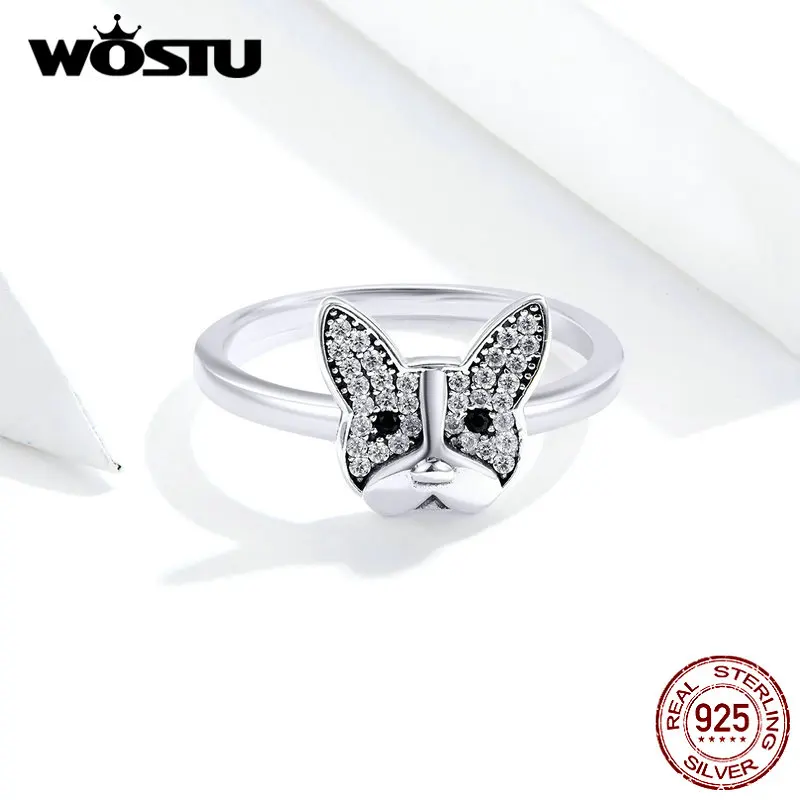 WOSTU Новое поступление 925 пробы серебряные кольца с французским бульдогом Регулируемый Открытый размер для женщин Свадебные модные ювелирные изделия FIR612