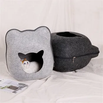 

Cat Bed Cave Sleeping Bag Zipper Cat Shape Felt Cloth Cat House Bed For Cats Basket Bags Animals Beds Nest Cushion Pet Supply