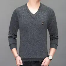 Длинный рукав толстый свитер мужской осень и зима плюс бархатный свитер сплошной цвет среднего возраста мужской v-образный вырез пуловер свитер