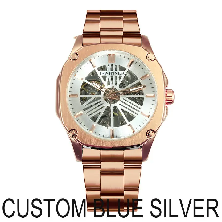 CUSTOM BLUE SILVER WINNER официальный розовое золото автоматические механические мужские часы лучший бренд класса люкс Скелет квадратный циферблат Винтаж Бизнес наручные часы - Цвет: CUSTOM BLUE SILVER