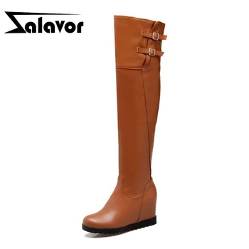 

ZALAVOR Size 34-43 Women Over Knee Boots High Wedges Boots Inside Heel Metal Buckle Shoes Women Warm Long Botas Women Footwears