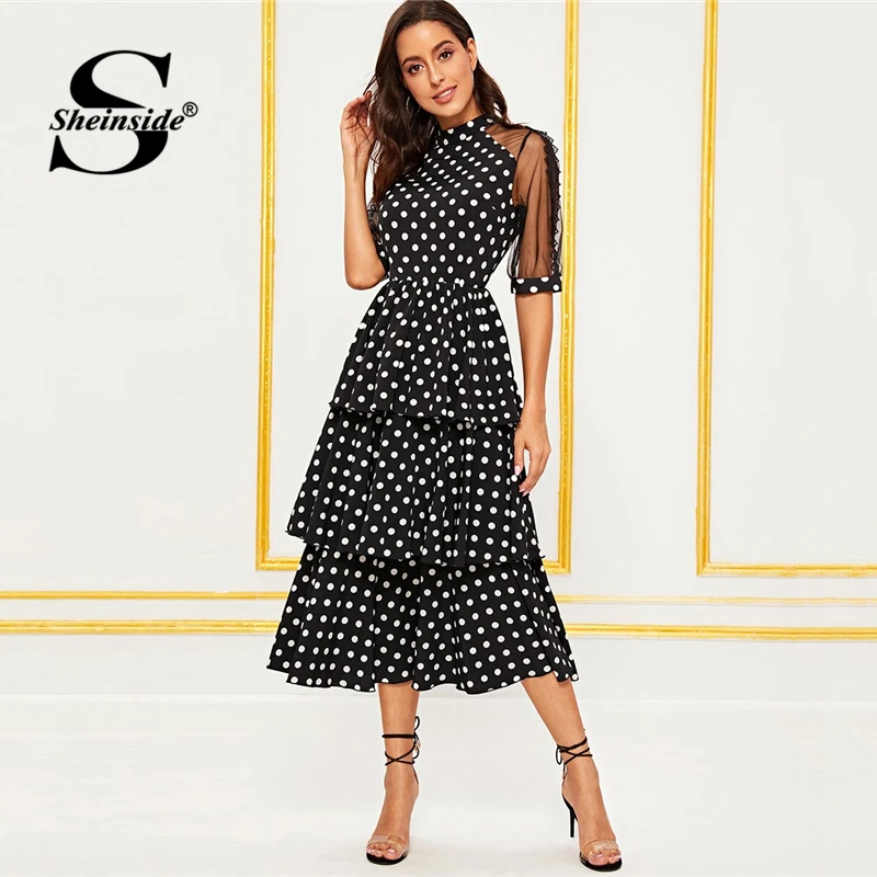 

Sheinside Elegant Polka Dot Layered Ruffle Hem Dress Women 2019 Autumn Contrast Mesh Raglan Sleeve Dresses Ladies Black Dress