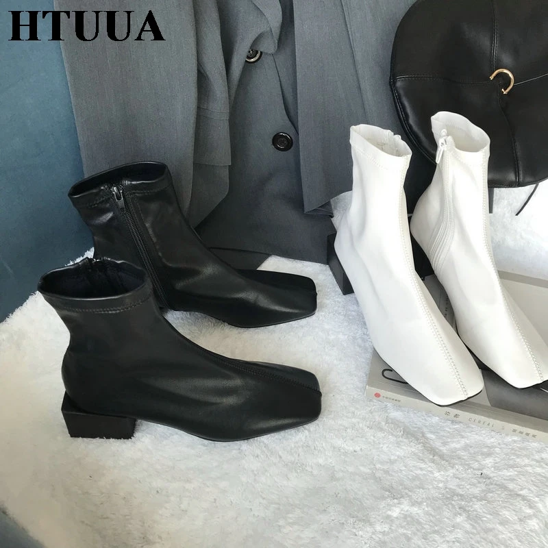 HTUUA/; винтажные женские ботильоны из мягкой кожи с боковой молнией; полусапожки на квадратном каблуке; Женская Осенняя обувь; S3573
