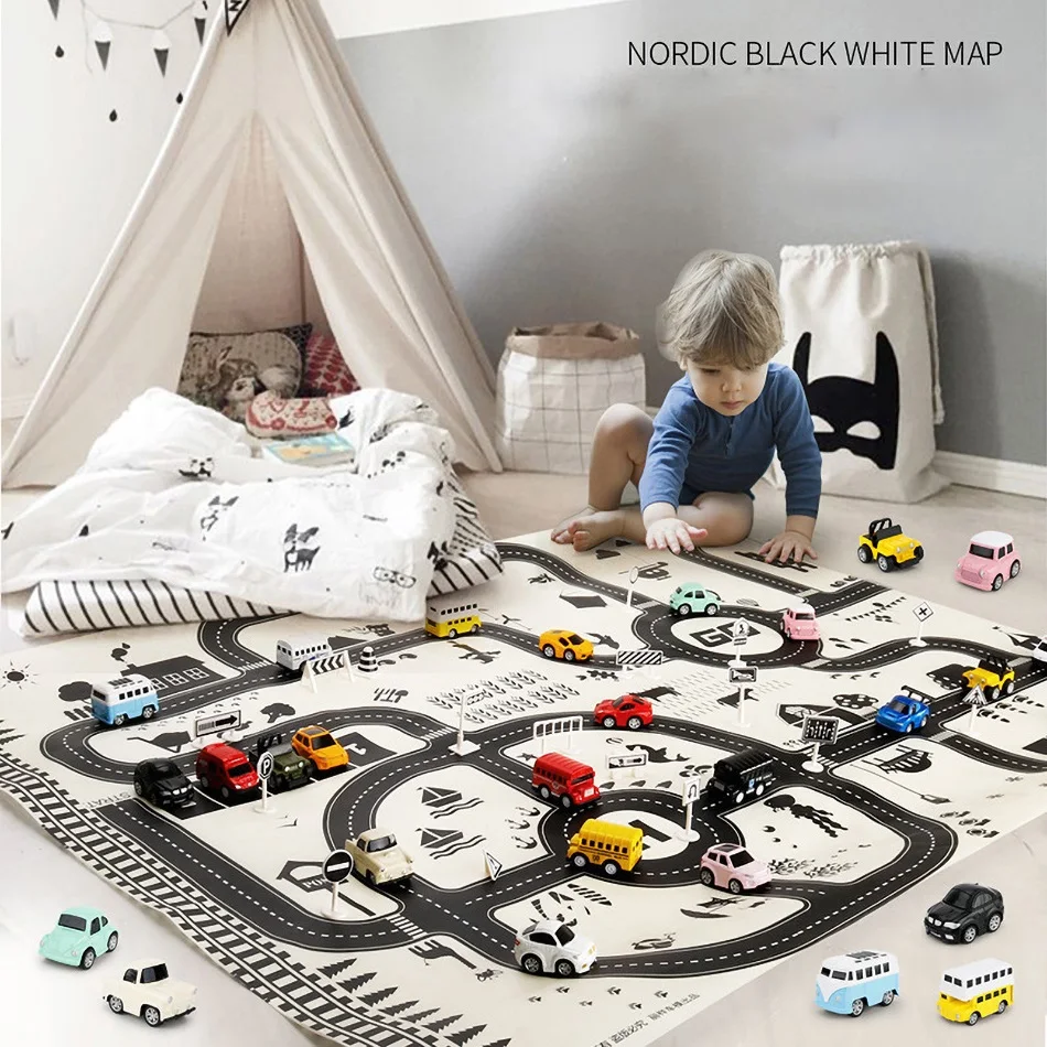 

130*100 Nordic Black White Map Baby Play Mat Foldable Children Paper Road Carpet Kids Surface Activity Bedroom Rug Baby Floor