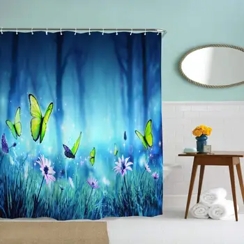 

60 x 72 inches Shower Curtain Beautiful Blue Forest Purple Flowers Lime Butterfly Flying Water Soap Resistant Machine Washable