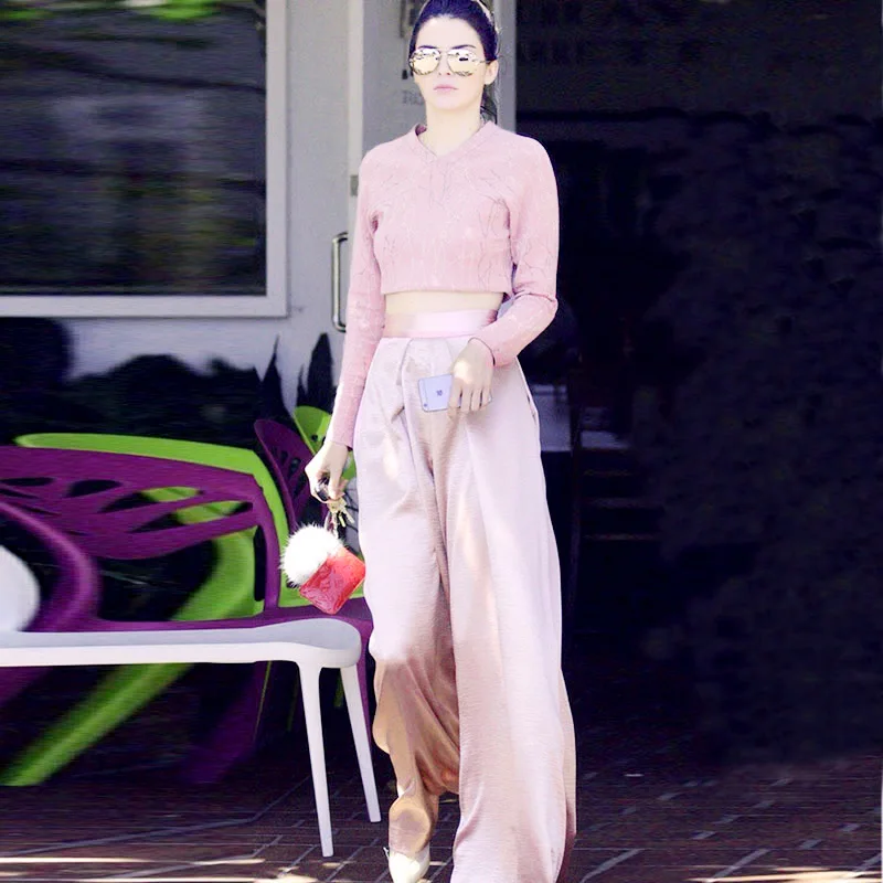 

2019 Autumn Women Wide Leg Pants Suits Long-sleeved Short Top + High Waist Wide-legged Pants Suit Two Piece Set