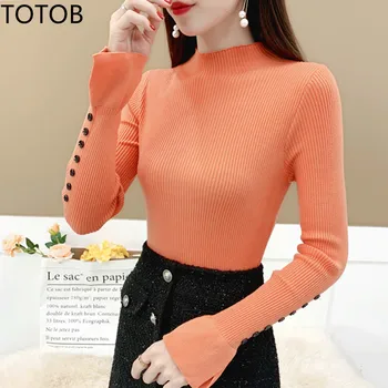 

Winter Women Button Solid Knitted Sweater Pullovers Turtleneck Casual Sueter Mujer Tops Ladies Long Sleeve Sweet Korean Jumper