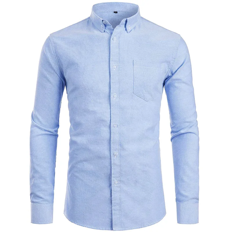 Light Blue Мужская фиолетовая оксфордская хлопковая рубашка, брендовая новая рубашка с длинным рукавом и нагрудным карманом, Мужские приталенные повседневные рубашки на пуговицах - Цвет: Light Blue