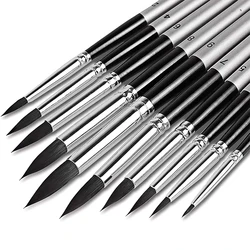 Ensemble de pinceaux ronds pour peinture à l'aquarelle, 10 pièces, pointe pointue, poils noirs doux, poignée confortable pour huile de Gouache acrylique 