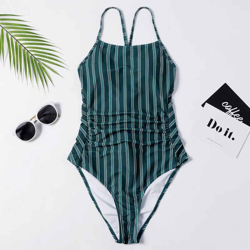 

Vertical Stripes Swimwear Women Bathing Suit Abdomen Print Bodysuit Swim Aquatics Back Cross Strap One Piece Swimsuit Xl