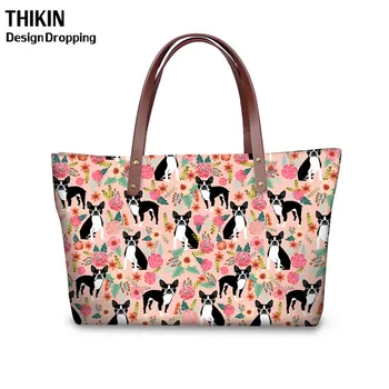 

THIKIN Boston Terrier Floral Printing Women Large Capacity Shoulder Hand Bag Ladies Fashion Top-Handle Bags Feminine Handbags