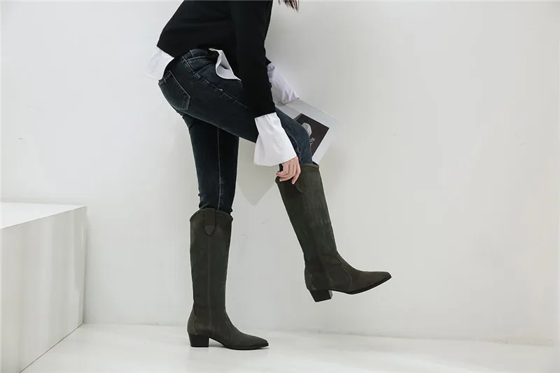 MStacchi; женские Подиумные сапоги до колена из натуральной кожи; женские ковбойские сапоги в европейском стиле; женская повседневная обувь с острым носком