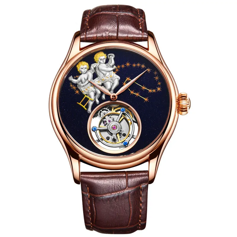 

FUYIJIA Gemini Tourbillon Mechanical Watch Men's Rose Gold Watches Luxury Hollow Mechanical Watch Male Waterproof Clock Leather