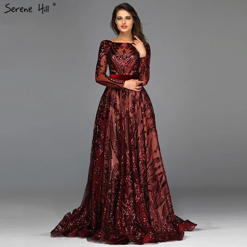 Long Sleeve Wine Evening Dress Muslim Wine Red A-Line Luxury Evening  Dresses 2025 Vintage Long