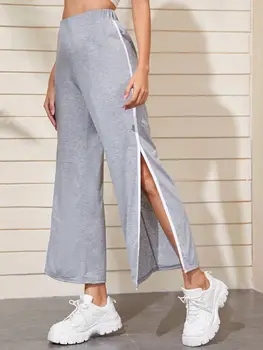 

Streetwear Women Sweat Pants Side Split Solid Grey Color Sweatpants High Waist Trousers Wide Leg Womens Clothing Y0314A