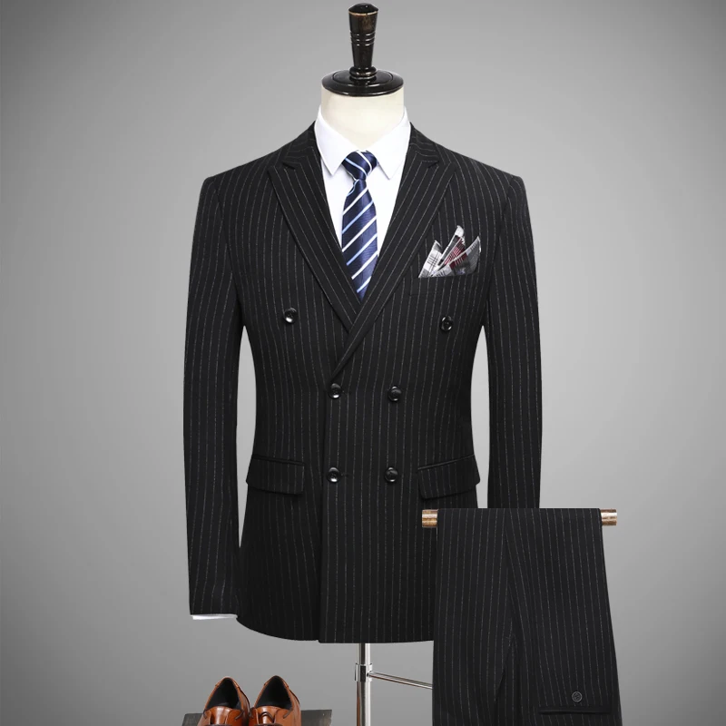 

2019 new men's fashion double-breasted vertical stripes suit suit men's business casual 3-piece suit (blazer + trousers + vest)