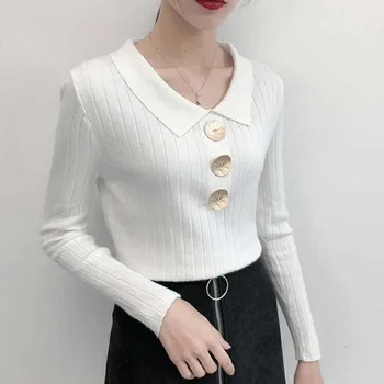 

Women Autumn Winter Solid Color Slim Long-Sleeved Lapel Button Slim Bottom Knit Sweater New
