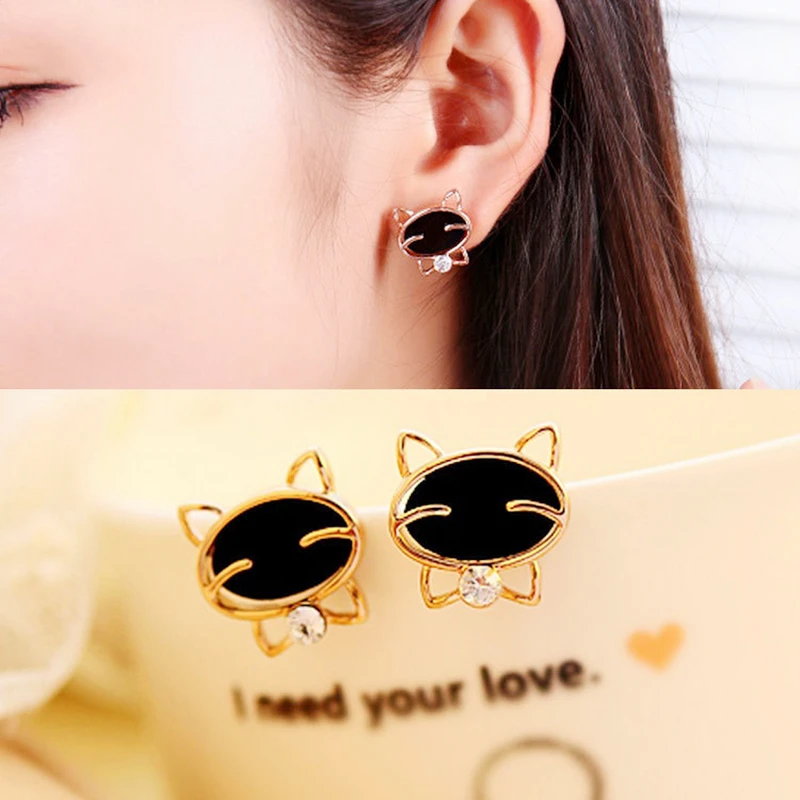 

1 Pair New Design Fashion Black Color Gold Smiley Cat Exquisite Woman Ear Stud Charming Personal Jewelry Accessories Party Gift