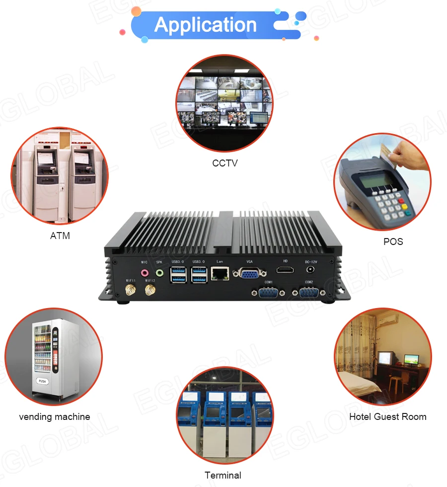 Eglobal Industrial Fanless Mini PC with I5 6300U, I7 10510U, Windows 7/8/10, VPN Router, VGA, HDMI, 4G, WiFi, BT Description Image.