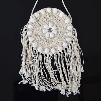 

Large Capacity Round Shoulder Bag Bohemian Style Straw Crossbody Bag Solid Tassels Summer Handmade Weave White Women'S Pouch