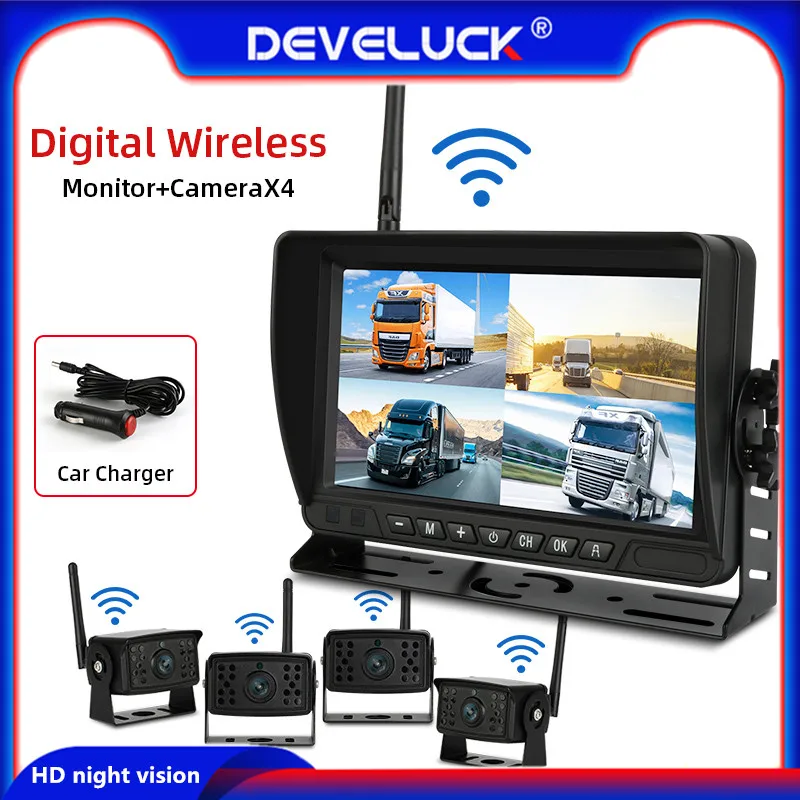 

7" Digital Wireless Truck Recorder AHD DVR 4-Channel split screen monitor Front 1080P rear 720P infrared HD night vision camera
