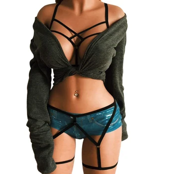 

1 Set Black Elastic Gothic Bondage Woman Lingerie Sexy Garter Belt Punk Suspenders Harness Bra Cage Top Rave Body Jewelry
