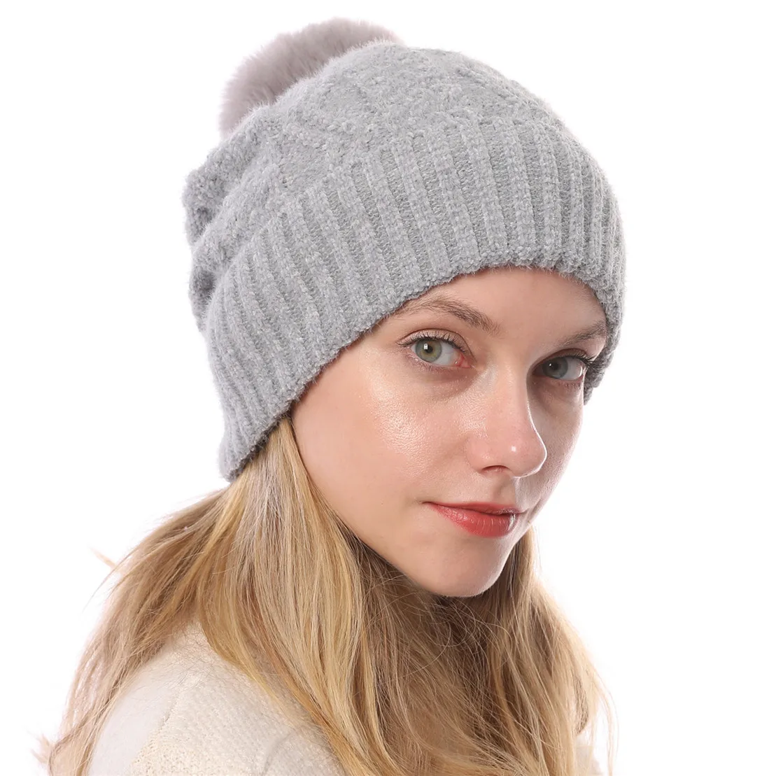 

Women's Autumn & Winter New Style Fashion plus Velvet Chenille Soft Knitted Hat Jacquard of Fluff Warm Wool Cap