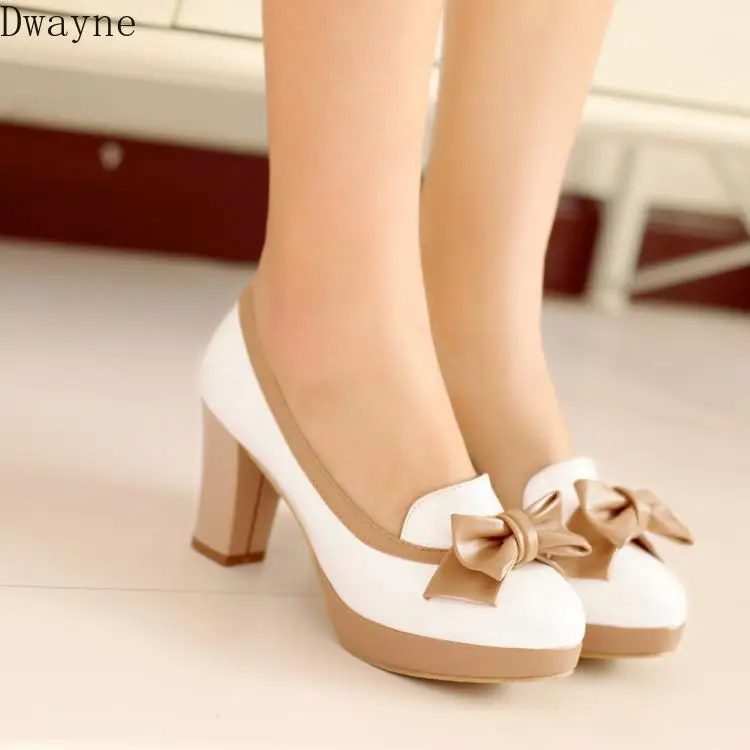 

2019 autumn new female thick with bow round head comfortable versatile high heels