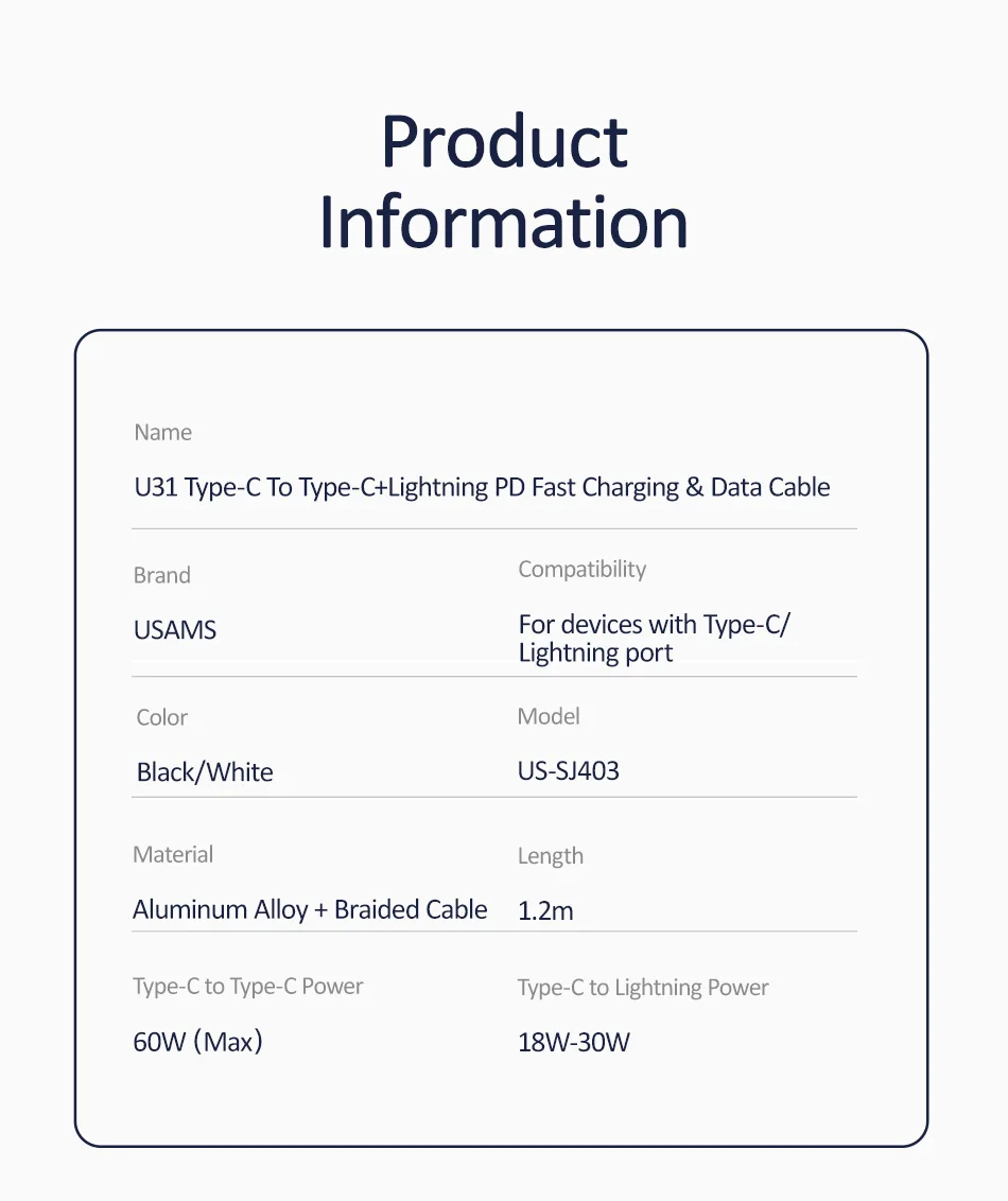 USAMS usb type C к Lightning Кабель 2 в 1 type c к type c 60 Вт PD кабель для быстрой зарядки для iPhone 11 XR 8 кабель для ноутбука для iPad