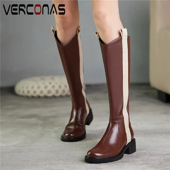 

VERCONAS Mixed Colors Knee-High Boots For Women Genuine Leather Thick Heels Shoes Woman Autumn Winter Zipper Basic Long Boots