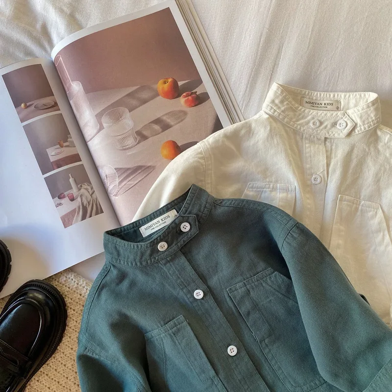 Baby Shirt New Korean style band collar Cotton Long Sleeve shirt coat Boys Girls Tops Baby Clothes 1-7Years E100269