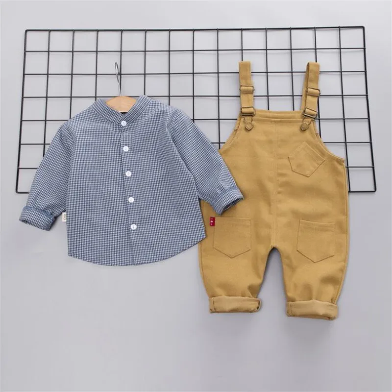 Комплекты одежды из двух предметов для мальчиков и девочек детский осенний повседневный комплект одежды с длинными рукавами, рубашка и штаны на подтяжках осенняя одежда для мальчиков